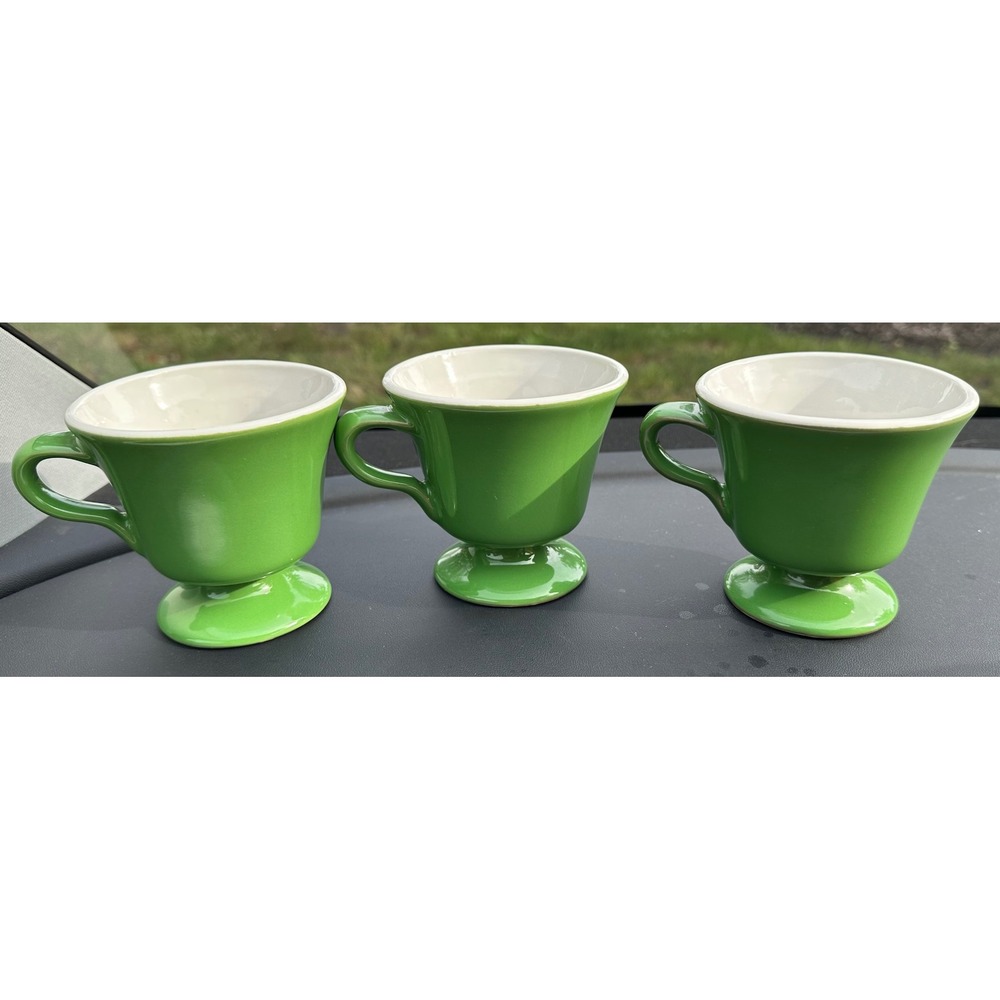 Vintage Hall China Green Footed Coffee Tea Cups MCM Set of 3 Made in USA 1970s